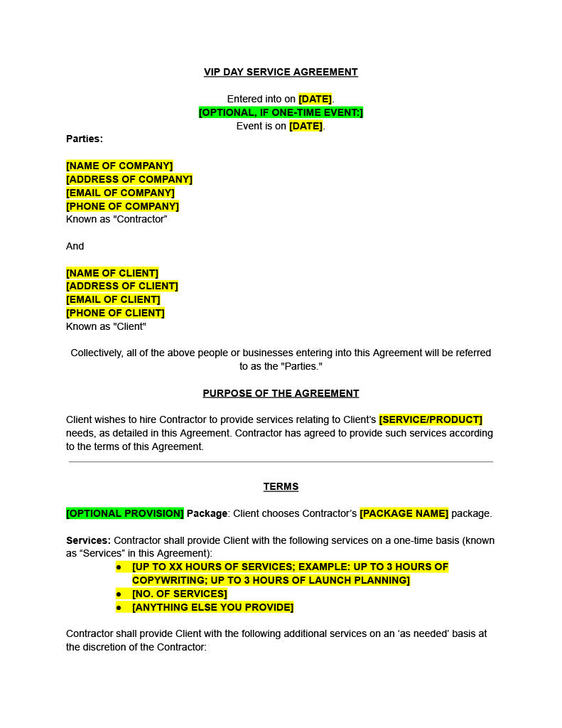 VIP Day Contract Template