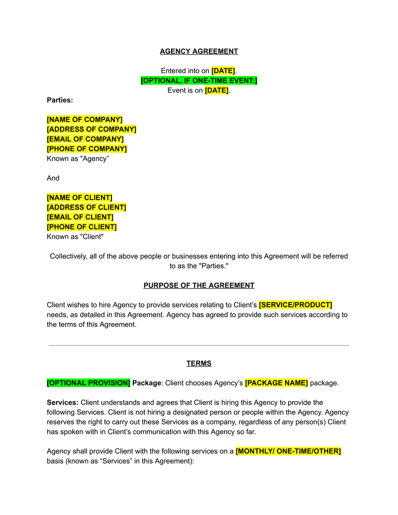 Agency Agreement Contract Template - The Contract Shop®