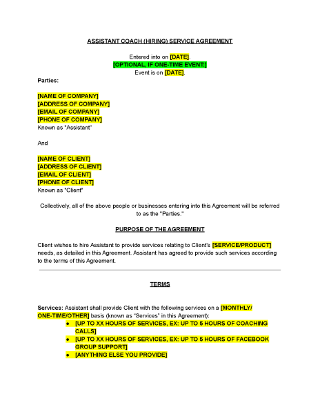Assistant Coach Contract Template - The Contract Shop™