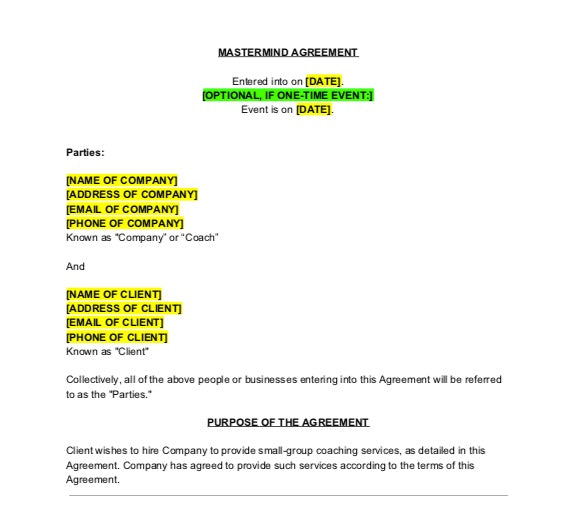Mastermind Agreement Contract Template - The Contract Shop™