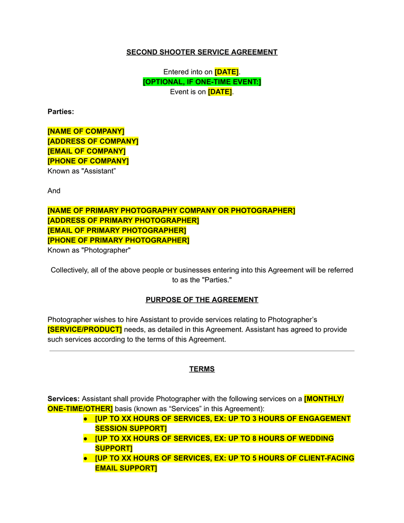 Second Shooter Photography Contract Template - The Contract Shop®