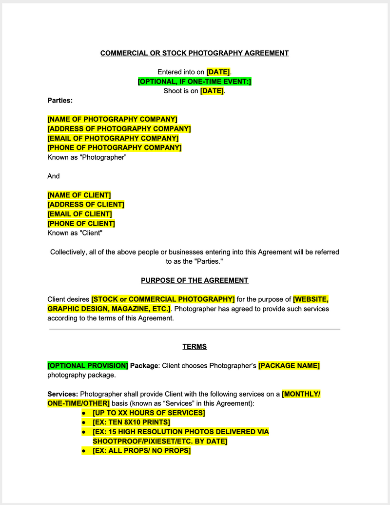 Commercial or Stock Photography Contract Template - The Contract Shop™