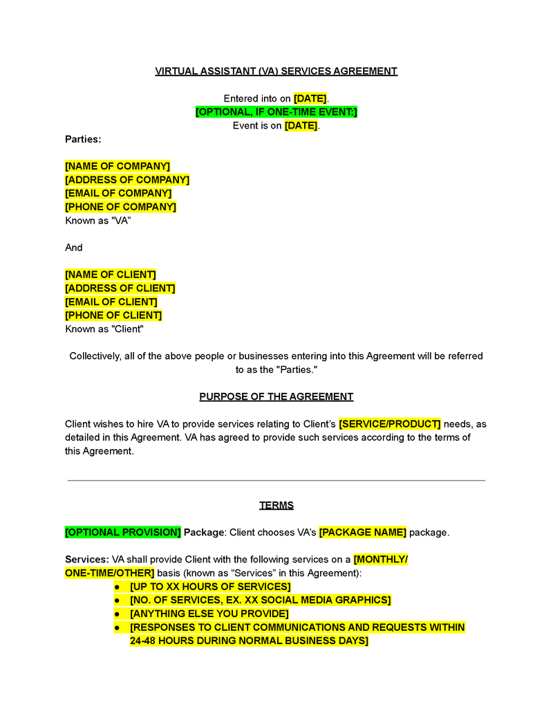 Virtual Assistant (VA) Contract Template - The Contract Shop™