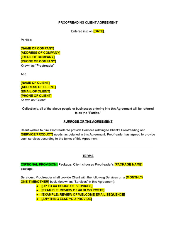 Proofreading Contract Template - The Contract Shop®