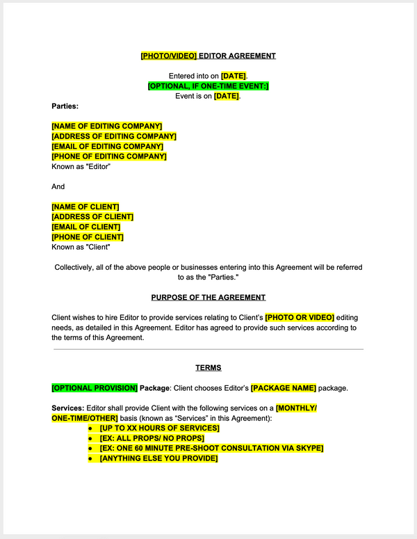 Editor Contract Examples Photo or Video Editor Contract Template - The Contract Shop®