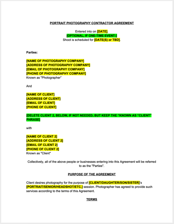 Portrait Photography Contract Template - The Contract Shop®